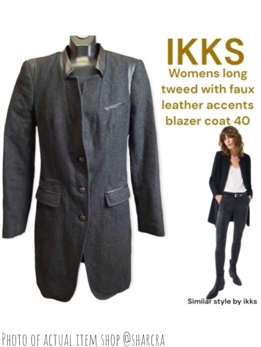 Ikks Women's European tweed long Button-down blazer Black faux leather trim Lg